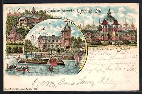 Lithographie Berlin, Gewerbe-Ausstellung 1896, Gartenbau-Ausstellung, Marine-Schauspiel