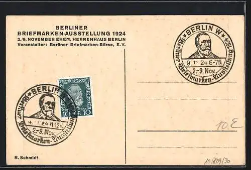 AK Berlin, Berliner Briefmarken-Ausstellung 1924, Briefmarken, Motiv des Weltpostvereins Denkmal