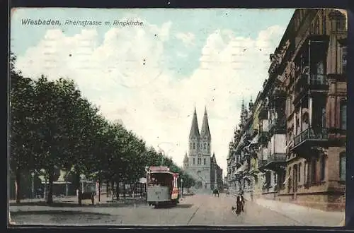 AK Wiesbaden, Rheinstrasse mit Ringkirche & Strassenbahn