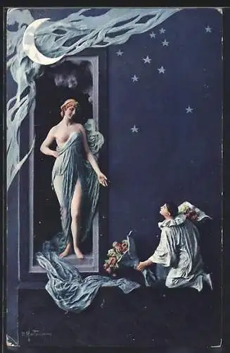 Künstler-AK Harlekin Pierrot legt eine halbnackten Frau Blumen vor die Füsse