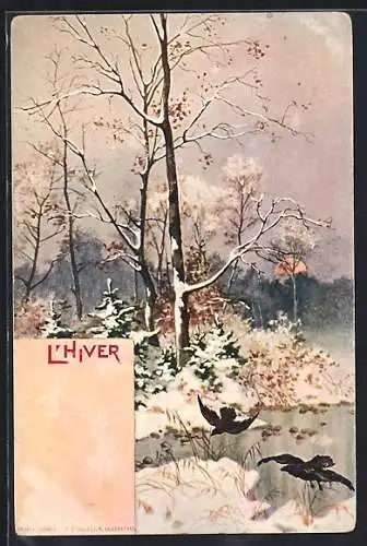 AK Winter, Verschneite Landschaft, Allegorie