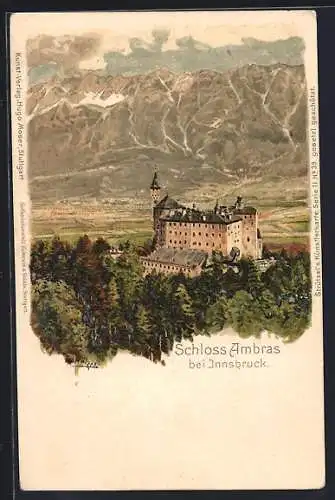 Künstler-Lithographie Otto Strützel: Schloss Ambras, Panorama