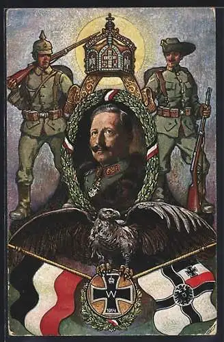 AK Kolonialkriegerdank, Portrait Kaiser Wilhelm II., Kaiserkrone, Soldaten, Reichsfahne, Adler