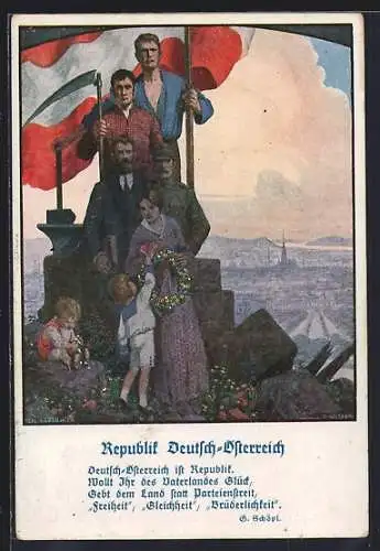 Künstler-AK Ernst Kutzer: Republik Deutsch-Österreich, Arbeiter mit Fahne, Bauer, Mutter und Kind