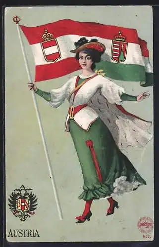 Künstler-AK Dame mit Flagge Österreich-Ungarns, Wappen