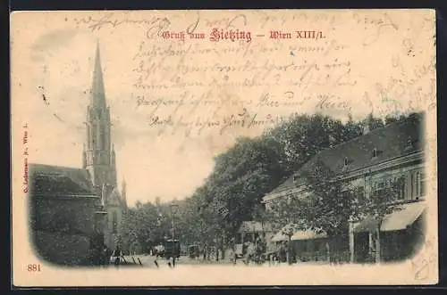 AK Wien, Hietzing, Strassenpartie mit Kirche