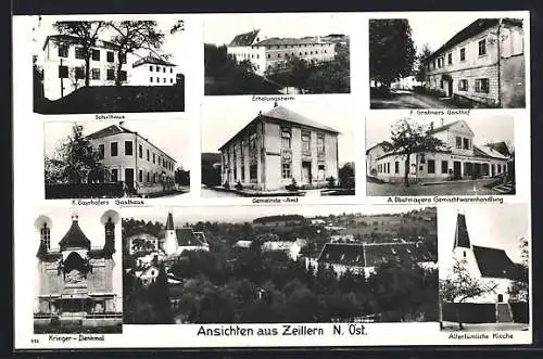 AK Zeillern, Schulhaus, Erholungsheim, F. Grabners Gasthof, K. Gayrhofers Gasthaus, A. Obstmayers Gemischtwaren