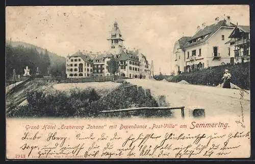 AK Semmering, Grand Hôtel Erzherzog Johann mit Dependance Post-Villa, um 1900