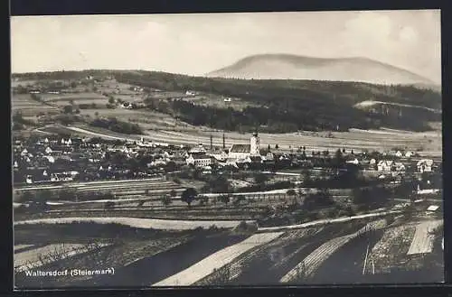 AK Waltersdorf /Steiermark, Gesamtansicht mit Feldern und Bergblick