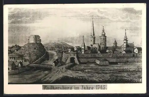 Künstler-AK Radkersburg, Historische Ortsansicht mit Wehranlage im Jahre 1745