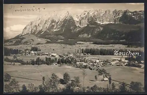 AK Zauchen, Gesamtansicht mit Bergpanorama aus der Vogelschau