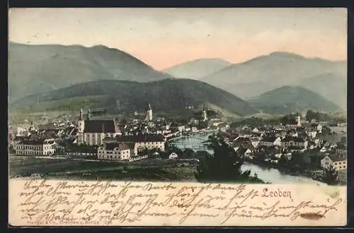 AK Leoben, Panorama mit Fluss, Kirchen