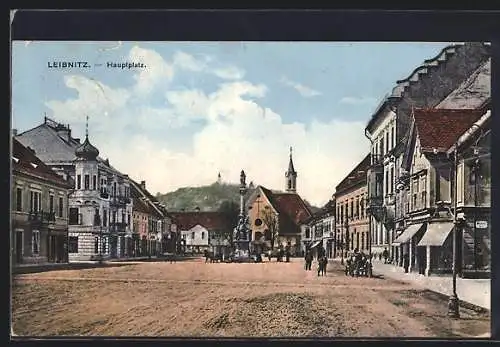 AK Leibnitz, Hauptplatz mit Säulendenkmal und Kirche