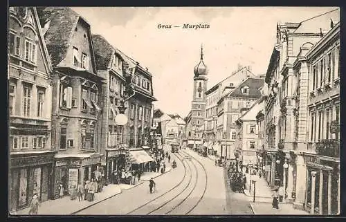 AK Graz, Murplatz mit Geschäften und Uhrenturm aus der Vogelschau