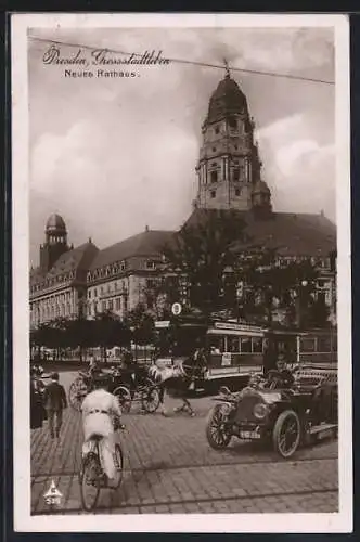 AK Dresden, Neues Rathaus, Auto, Strassenbahn und Fahrrad