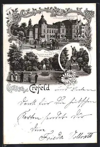 Lithographie Crefeld, Landrathsamt und Bismarck-Denkmal, Thiergarten, Kriegerdenkmal