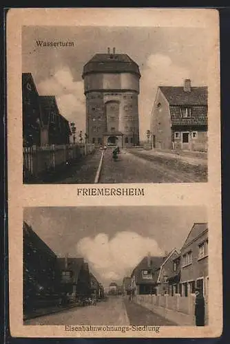 AK Friemersheim, Strasse in der Eisenbahnwohnungs-Siedlung, Wasserturm