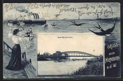 AK Nienburg a. d. W., Neue Weserbrücke, Matrose beim Abschied, Dampfer und Schwalben