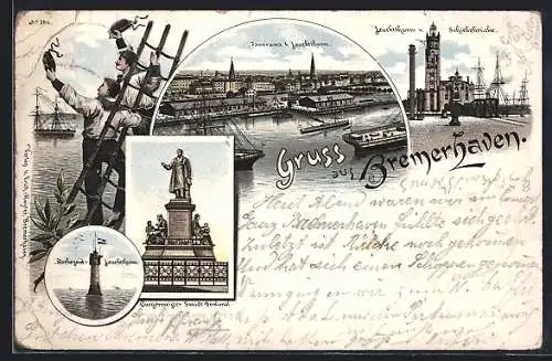 Vorläufer-Lithographie Bremerhaven, 1895, Leuchtthurm u. Brücke, Rothesand Leuchtthurm, Bürgermeister Smidt-Denkmal