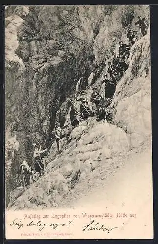 AK Zugspitze, Bergsteiger beim Aufstieg von der Wienerneustädter Hütte aus