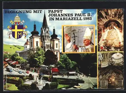 AK Mariazell, Besuch von Papst Johannes Paul II. 1983, Kirche und Wappen