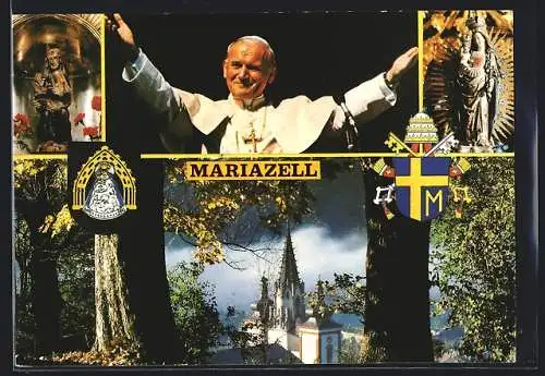 AK Mariazell, Besuch von Papst Johannes Paul II. 1983, Urlaubermuttergottes, Gnadenstatue und Wappen