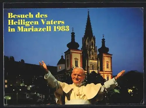 AK Mariazell, Besuch von Papst Johannes Paul II. 1983, Kirche bei Nacht