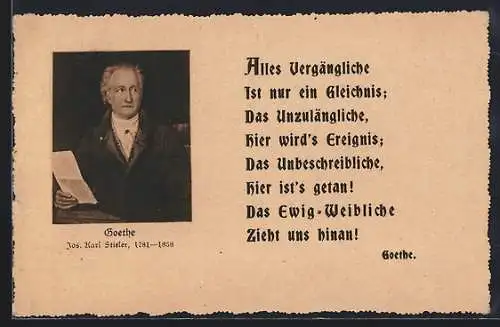 AK Johann Wolfgang von Goethe gemalt von Jos. Karl Stieler und Zitat Alles Vergängliche ist nur ein Gleichnis...