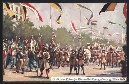 Künstler-AK Wien, Kaiser-Jubiläums-Huldiungs-Festzug 1908, Parade mit Orientalen