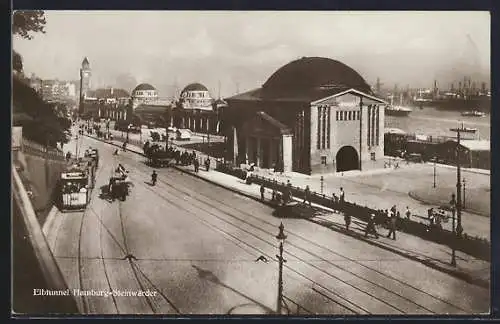 AK Hamburg-Steinwärder, Strassenbahn und Eingang zum Elbtunnel