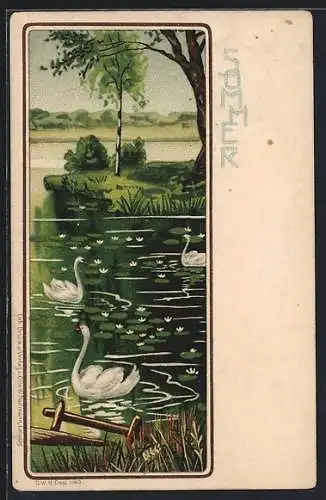 Künstler-AK Sommerszene von Schwänen auf einem See, Jugendstil-Illustration