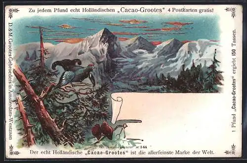 Lithographie Bergpanorama mit einem Vogel, Reklame für Cacao-Grootes