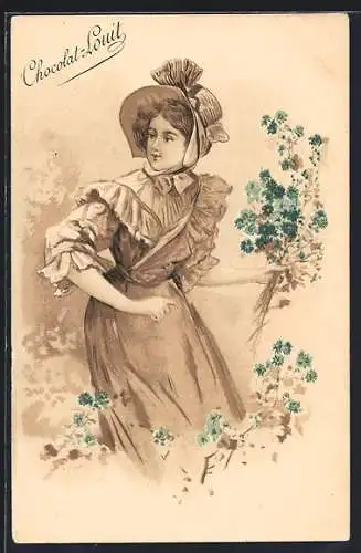 Lithographie Junge Frau beim Blumen pflücken, Chocolat-Louit