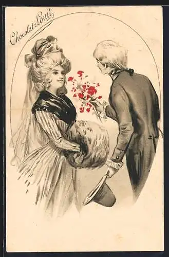 Lithographie Junger Mann gibt einer Dame mit Muff einen Strauss Blumen, Chocolat-Louit