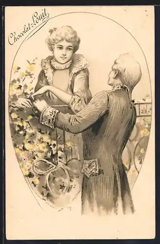 Lithographie Junger Mann macht einer Dame den Hof, Chocolat-Louit