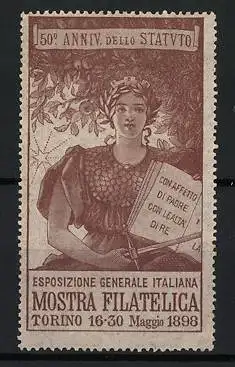 Reklamemarke Turin, Esposizione Generale Italiana Mostra Filatelica, Frau mit Buch, 1898