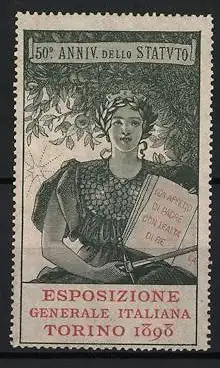 Reklamemarke Torino, Esposizione Generale Italiana 1898, Frau mit Buch