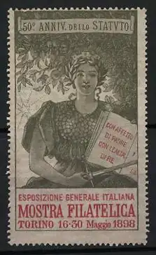 Reklamemarke Torino, Mostra Filatelica 1898, Frau mit Buch und Lorbeer