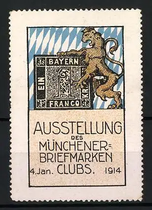 Reklamemarke München, Ausstellung des Münchener Briefmarken-Clubs 1914, Löwe und Briefmarke