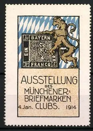 Reklamemarke München, Ausstellung des Münchener Briefmarken-Clubs 1914, Löwe mit Briefmarke