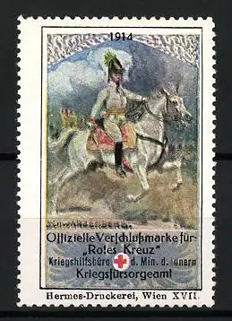 Reklamemarke Wien, Offizielle Verkaufsmarke Rotes Kreuz 1914, Österr. General Schwarzenberg zu Pferd