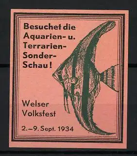 Reklamemarke Welser Volksfest, Aquarien- u. Terrarien-Sonderschau, Fisch, 1934