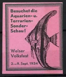 Reklamemarke Welser Volksfest, Aquarien- u. Terrarien-Sonderschau, Fisch, 1934