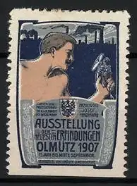 Reklamemarke Olmütz, Ausstellung der neuesten Erfindungen 1907, Mann mit Werkzeug