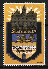 Reklamemarke Leitmeritz, 700 Jahre Stadt, Stadtwappen und Gebäude