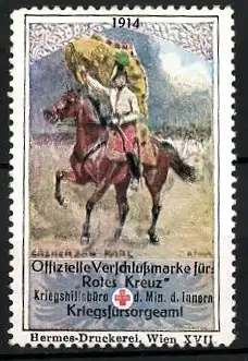 Reklamemarke Wien 1914, Offizielle Verschlussmarke Rotes Kreuz, Erzherzog Karl zu Pferd