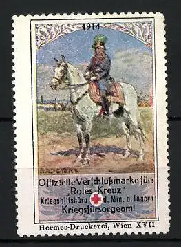 Reklamemarke Wien 1914, Offizielle Verschlussmarke für Rotes Kreuz, Heerführer auf Pferd