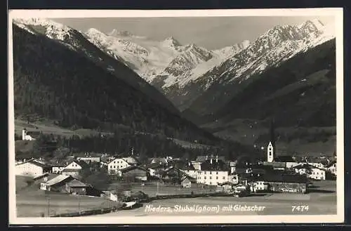 AK Mieders, Ortsansicht mit Stubai und Gletscher