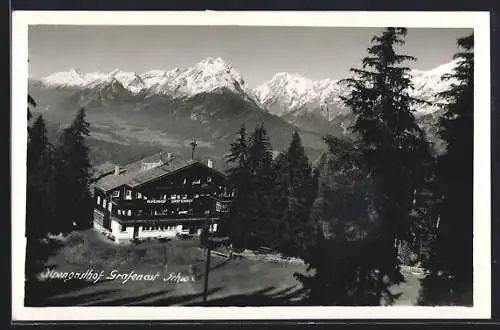 AK Schwaz, Alpengasthof Grafenast mit den Bergen