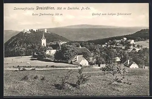 AK Dreistätten, Ortspartie mit Gasthof zum lustigen Scherrerwirt und Ruine Starhemberg